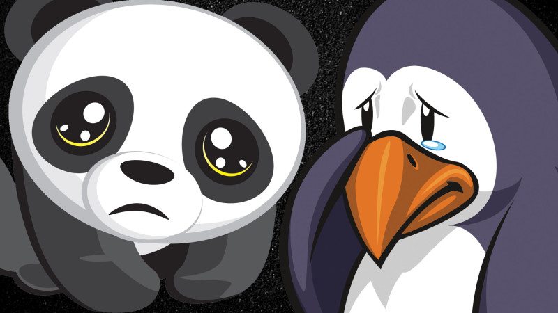 A teary-eyed panda and penguin.