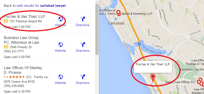 Local advertising does not get a pin on the Google map, unlike the natural results.
