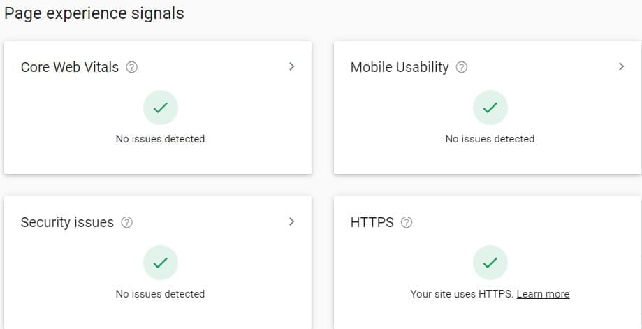 Page Experience report signals all good